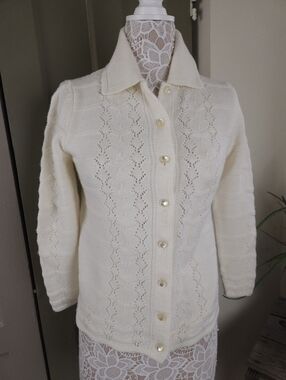 Wintuk Duet Vintage Ivory Pointelle Knit Button-Down Cardigan Sweater S